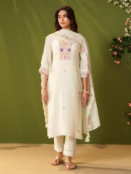 Vannya B - Komal White Mul Chanderi 3 Piece Suit Set
