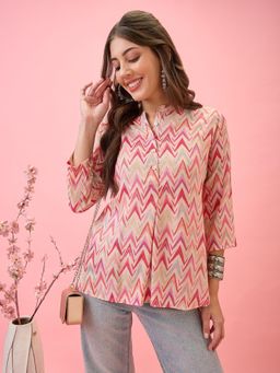 Globus - Women Pink Mandarin Collar Chevron Print Curved High-Low Hem Workwear Tunic