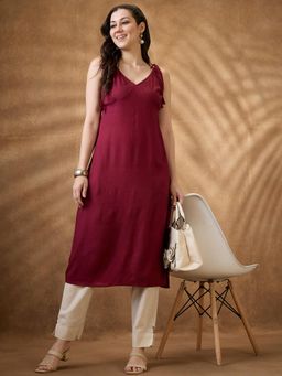 Globus - Women Maroon Woven Design Tie-Up Neck A-Line Fusion Kurta