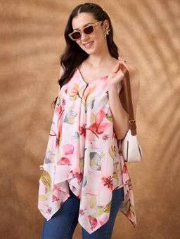 Globus - Women Multicolor V-Neck Strappy Shoulder Floral Print Asymmetric Hem Fusion Tunic