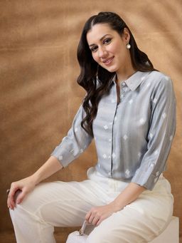 Globus - Women Grey Collar Neck Roll-Up Sleeves Geometric Woven Design Workwear Shirt Style Shirt