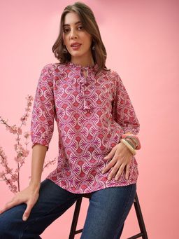 Globus - Women Pink Frilled Tie-Up Neck Ethnic Print Curved Hem Workwear Tunic