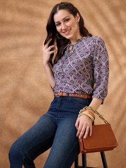 Globus - Women Blue Frilled Tie-Up Neck Ethnic Print Curved Hem Workwear Tunic