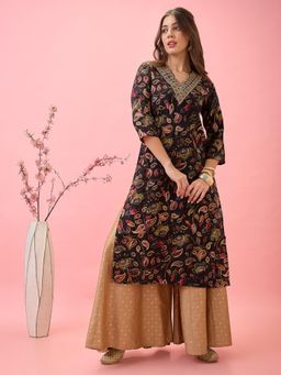 Globus - Women Black Scalloped Embroidered V-Neck Gold Foil Paisley Print Chanderi Festive Kurta