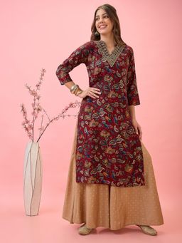 Globus - Women Maroon Scalloped Embroidered V-Neck Gold Foil Paisley Print Chanderi Festive Kurta