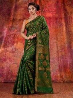 CHARUKRITI - Green Blended Cotton Soft Handwoven Saree with Allover Copper Zari and Unstitched Blouse