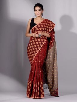 CHARUKRITI - Maroon Cotton Soft Handwoven Saree with Textured Design Without Blouse