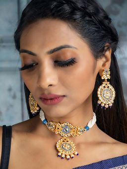 Priyaasi - Ethnic Gold & Blue Kundan Studded Meenakari Jewellery Set