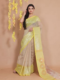 CHARUKRITI - Beige Cotton Handspun Zari Woven Designs & Motifs Saree with Unstitched Blouse