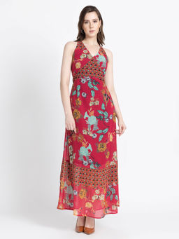 SHAYE - V-Neck Maroon Floral Sleeveless Party Dresses for Women