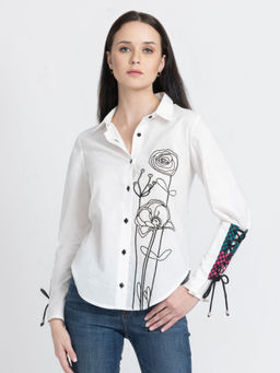 SHAYE - Button Down Collar White Printed Long Sleeves Casual Shirts for Women