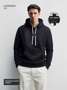 The Indian Garage Co - Men Oversized Fit Textured Full Sleeves Hoodie - Black