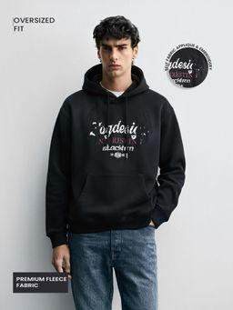 The Indian Garage Co - Men Oversized Fit Embroider Full Sleeves Hoodie - Black