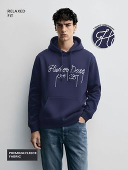 The Indian Garage Co - Men Relaxed Fit Embroider Full Sleeves Hoodie - Blue
