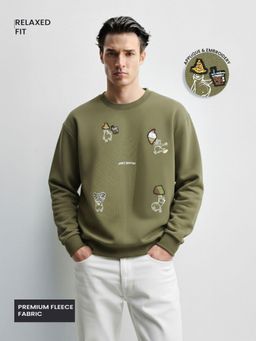 The Indian Garage Co - Men Relaxed Fit Embroider Crew Neck Full Sleeves Sweatshirt - Olive