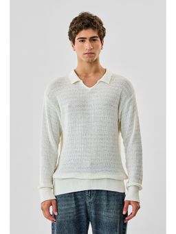 Snitch - Off White Textured Full Sleeves Relaxed Casual Core Lab Core Lab Sweatshirt for Men