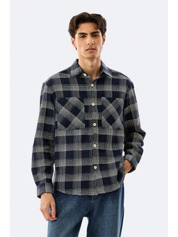 Snitch - Double Pocket Plaid Flannel Overshirt - Navy Blue
