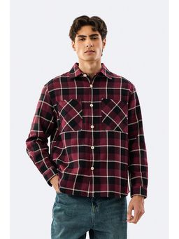 Snitch - Double Pocket Plaid Flannel Overshirt - Burgundy