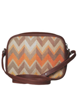 ZOUK Vegan Leather & Jute Sling Bag For Women - Handmade Indian Fabric Bag, Adjustable Strap