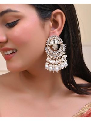 VOJ Gold Plated Pearl Studded Chandbaali Earrings
