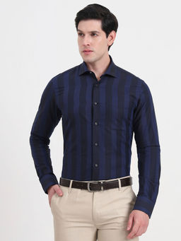 JadeBlue - Men Blue Stripes Slim Fit Formal Shirt