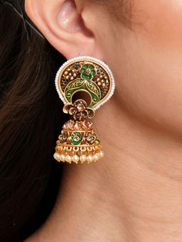 Karatcart - Antique Gold Plated White Beaded Green Floral Jhumki Earrings for Women