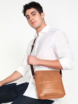 Sassora - Tan Premium Leather Mens Medium Crossbody Bag