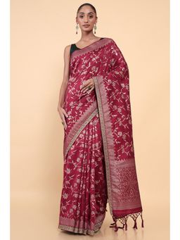 Soch - Women Maroon Silk Embroidery Saree with Unstitched Blouse