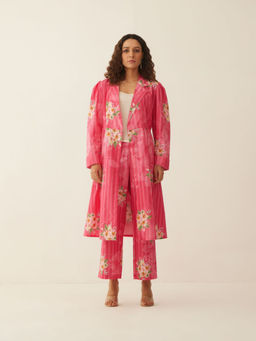 Shivani Bhargava - Pink Cotton Floral Stripe Long Jacket Co-ord (Set of 3)