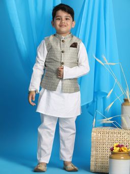 Vastramay - Boys Beige & White Jacket With Kurta & Pyjama (Set of 3)