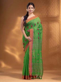 Arhi - Green Cotton Blend Handwoven Soft Saree with Pom Pom