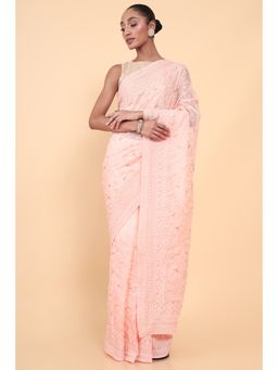 Soch - Women Peach Organza Embroidered Saree with Unstitched Blouse