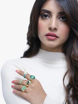 Yellow Chimes - Set of 5 Green Enameled Gold Plated Stack Knuckle Ring Set (7)