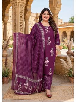 Doriyaan - Women's Purple Cotton Floral Kurta with Pant and Dupatta