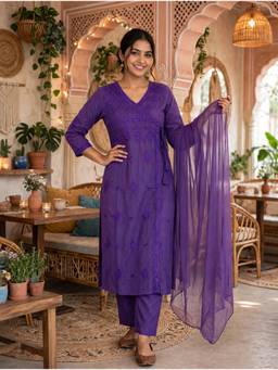 Doriyaan - Women's Purple Cotton Embroidered Kurta with Pant and Dupatta