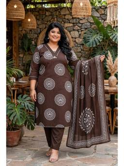 Doriyaan - Women's Brown Cotton Printed Kurta with Pant and Dupatta