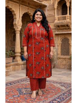 Doriyaan - Women's Rust Cotton Printed Kurta with Palazzo