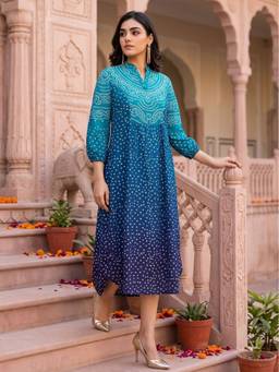 Dora Dori - Teal Bandhani Printed A-Line Dress