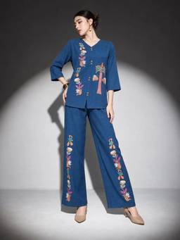 LOTIK - Women's Linen Cotton Denim Blue Floral Embroidered Co-ord Set