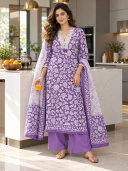 BERRYLICIOUS - Women's Purple Cotton Floral Kurta with Palazzo and Dupatta