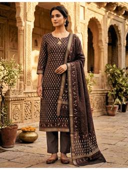 Ushvii - Brown Hand Block Print Dress Material
