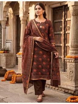 Ushvii - Brown Hand Block Print Dress Material