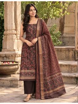 Ushvii - Brown Hand Block Print Dress Material