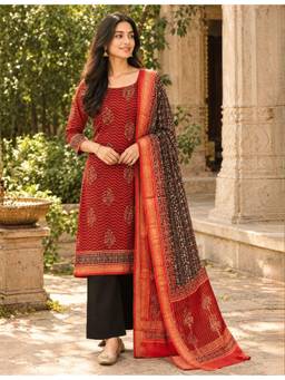 Ushvii - Red Hand Block Print Dress Material