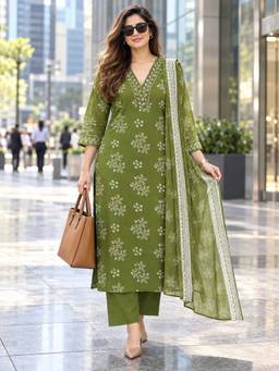 BERRYLICIOUS - Women's Green Cotton Floral Kurta with Pant and Dupatta