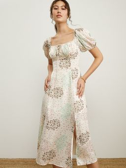 Pomelo - Puff Sleeve Ruched Midi Dress - Beige