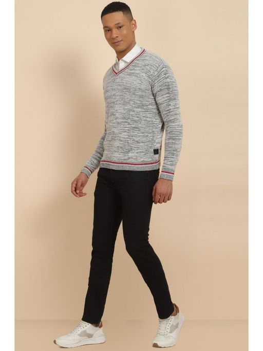 Allen Solly Men Grey V Neck Full Sleeves Sweater