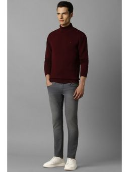 Louis Philippe - Men Maroon Solid Turtle Neck Full Sleeves Sweater