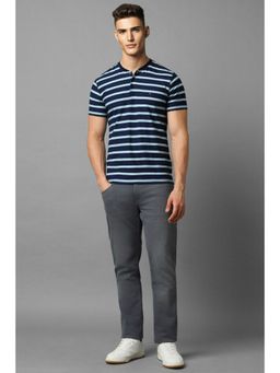 Louis Philippe - Men Navy Stripe Henley Neck T-Shirt