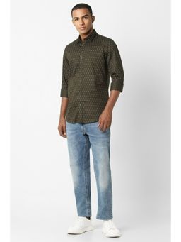 Peter England - Men Olive Slim Fit Print Full Sleeves Casual Shirt